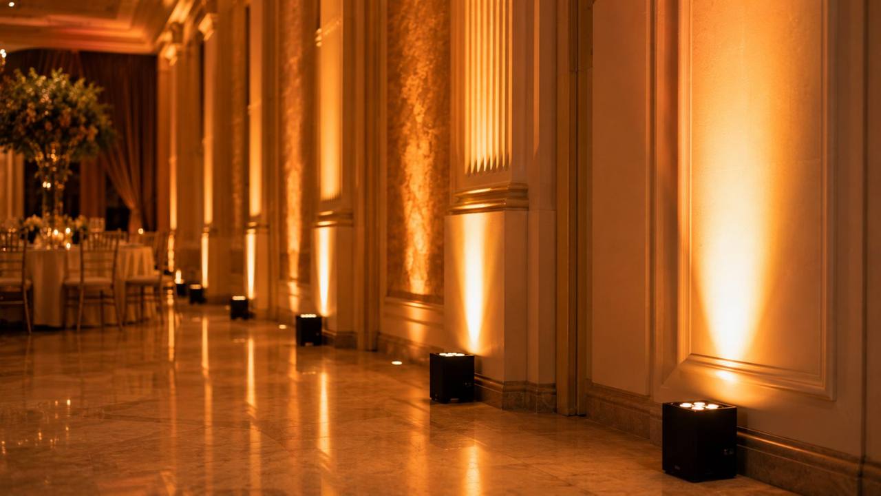 Focos LED uplight inalámbricos iluminando salón de bodas en ámbar