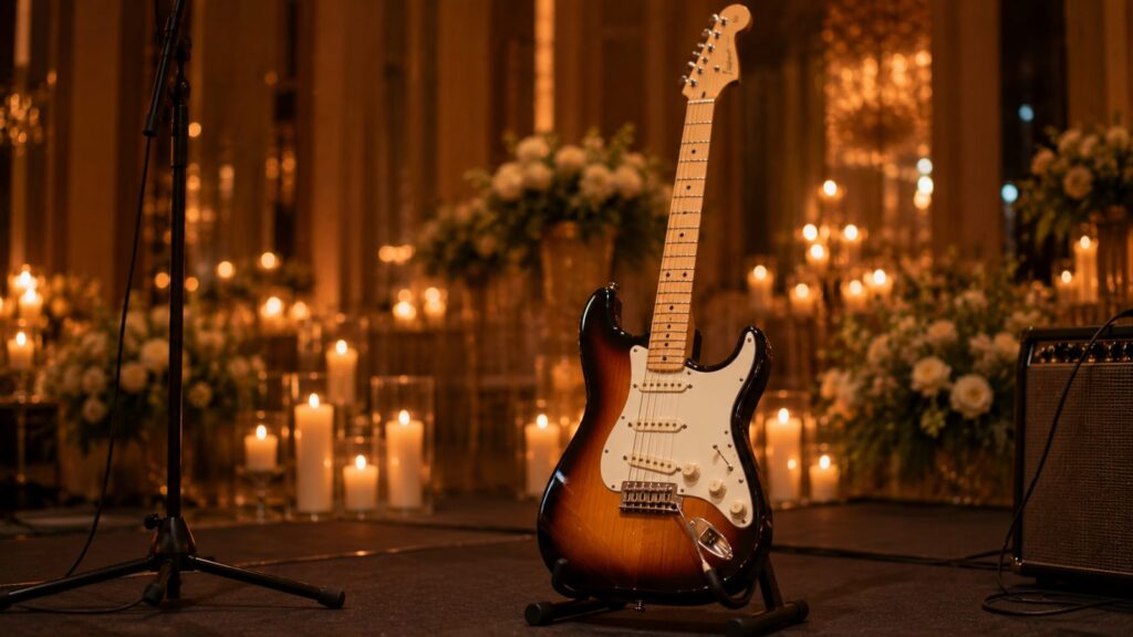 Guitarra Fender Stratocaster sunburst en escenario de boda con velas
