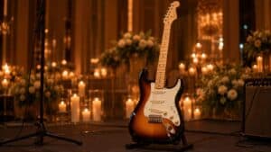 Guitarra Fender Stratocaster sunburst en escenario de boda con velas