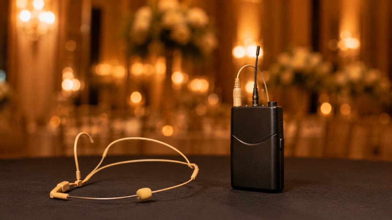 Micrófono de diadema beige con petaca transmisora inalámbrica para eventos